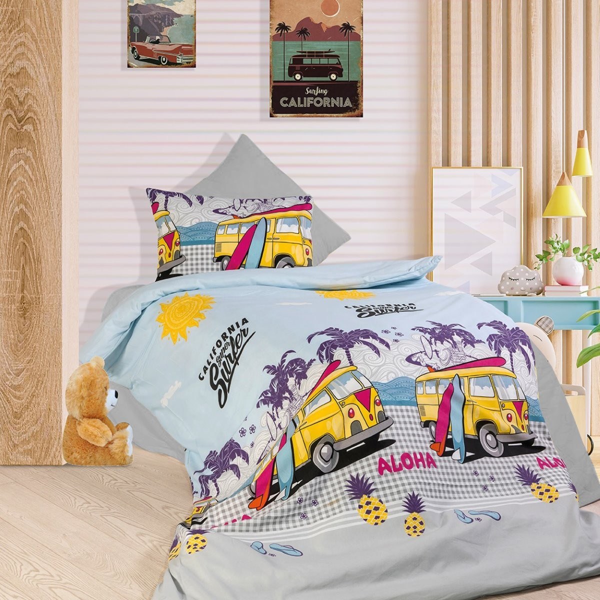 Σετ Σεντόνια Υπέρδιπλα 4 Τεμαχίων Dimcol Aloha 393 Grey/Sky Blue 220x240