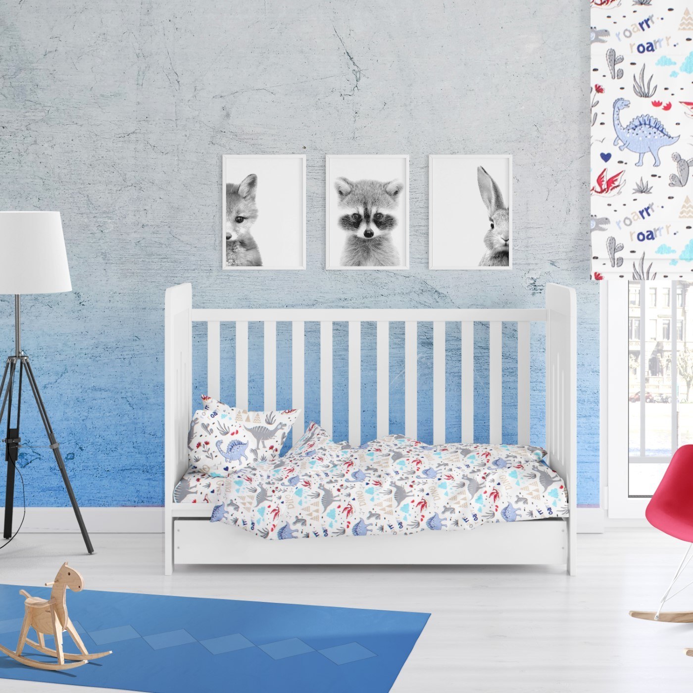 Σετ Σεντόνια Κούνιας 3 Τεμαχίων Dimcol Dino 309 White-Blue 120x160