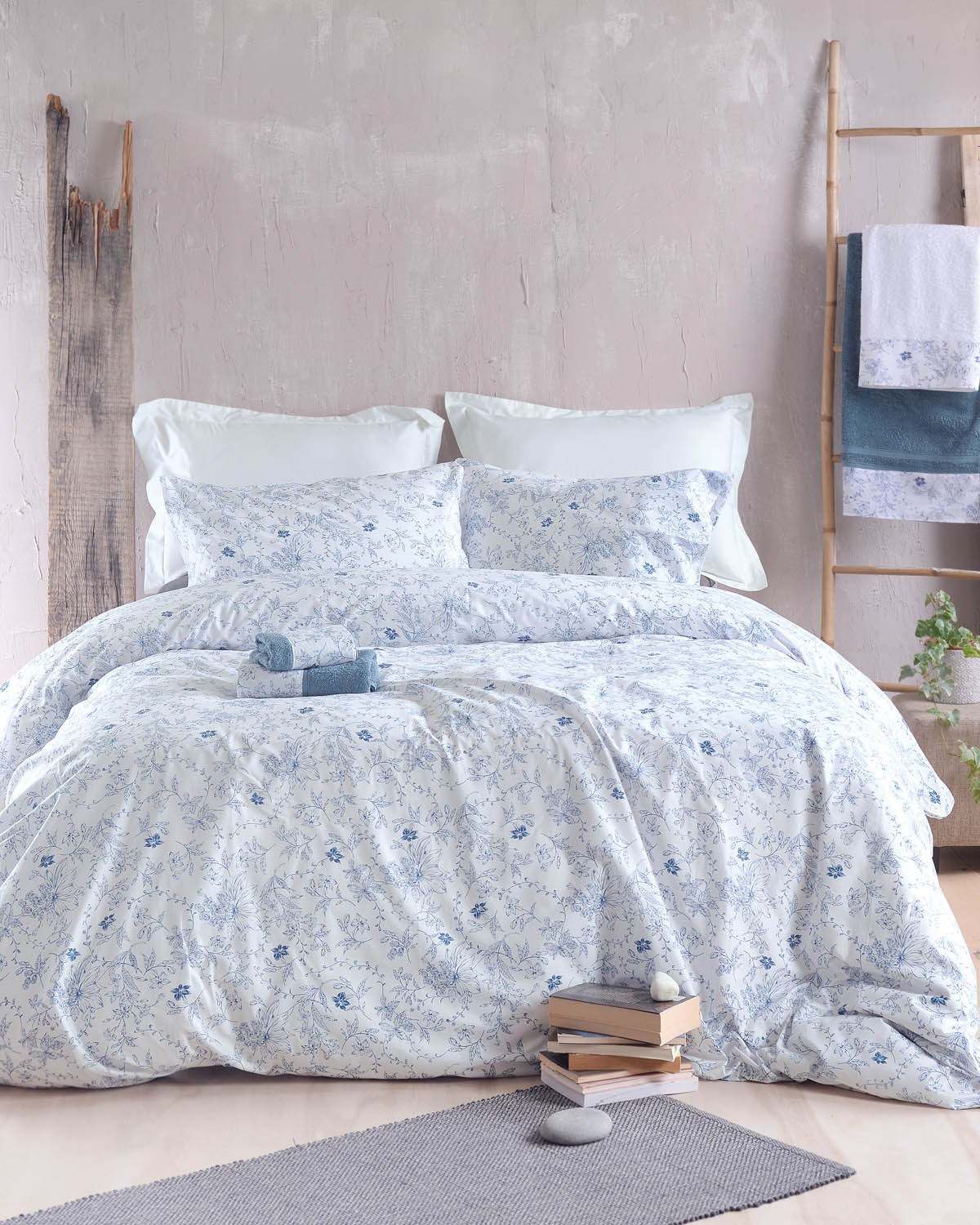 Σετ Σεντόνια Υπέρδιπλα 4 Τεμαχίων Rythmos Ortensia Μπλε