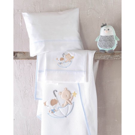 Σετ Σεντόνια Φανελένια Κούνιας 3 Τεμαχίων Rythmos Umbrella Fight Σιελ 100x160