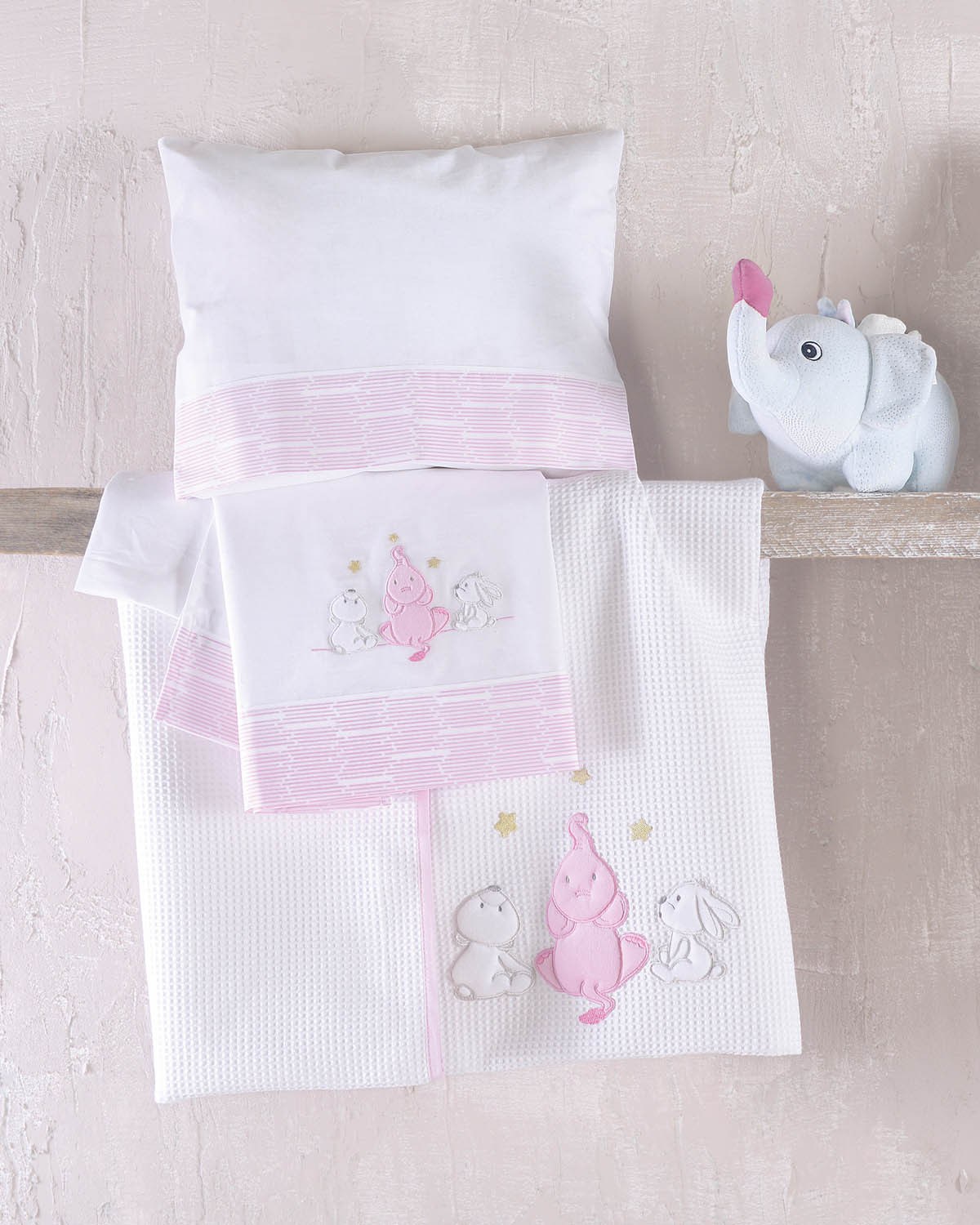 Σετ Σεντόνια Φανελένια Κούνιας 3 Τεμαχίων Rythmos Elephant Friends Ροζ 100x160