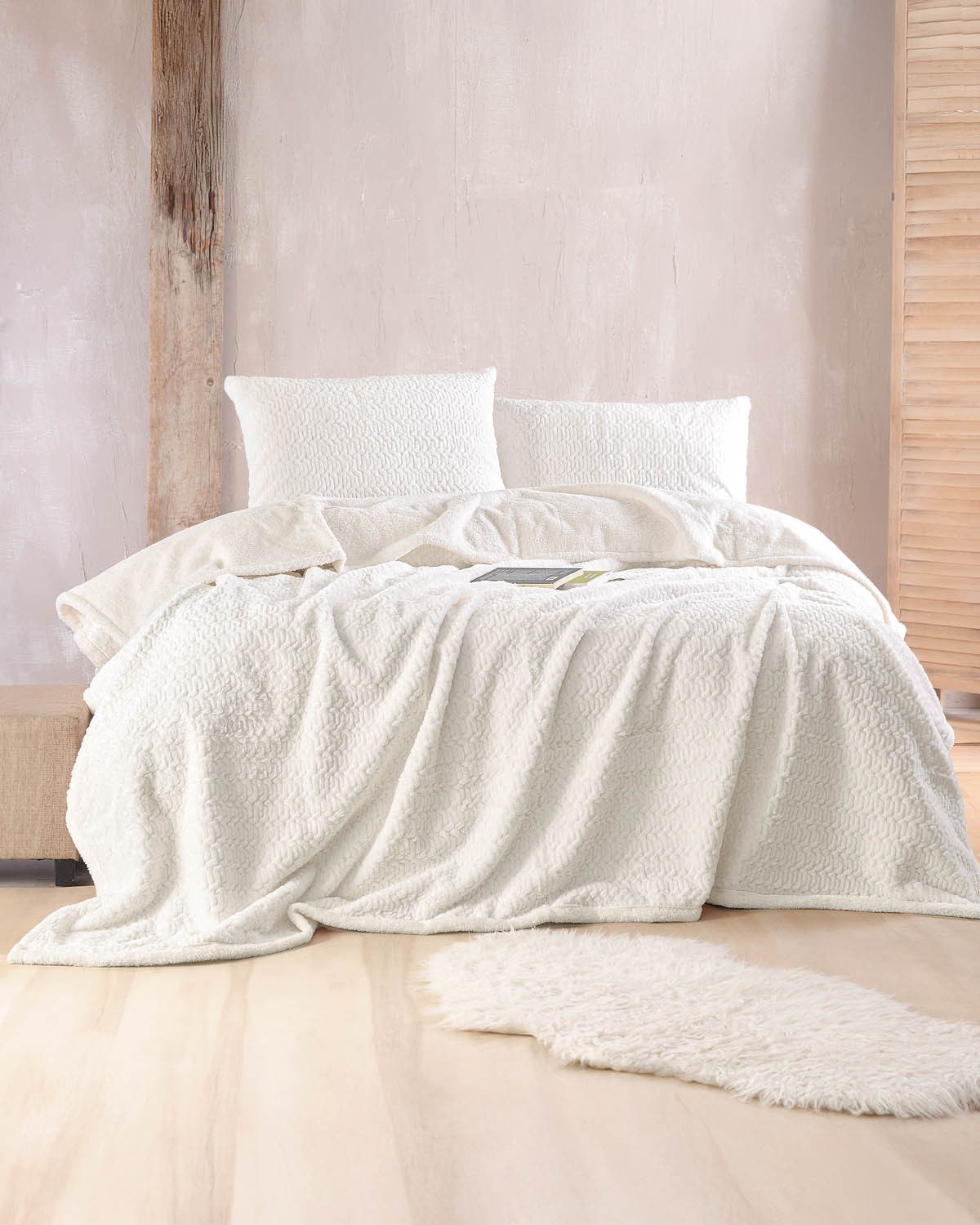Σετ Κουβέρτα Γούνινη Υπέρδιπλη 3 Τεμαχίων Rythmos Bliss Λευκο 220x240
