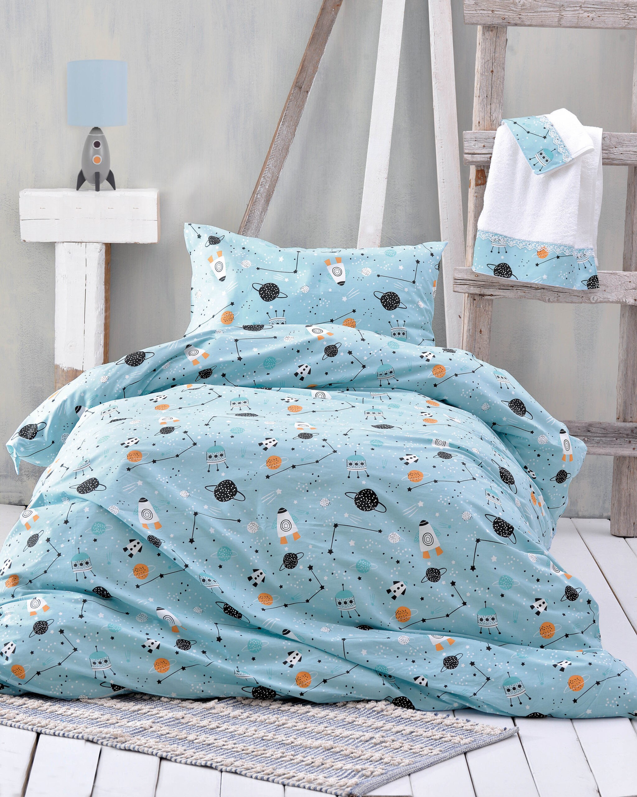 Σετ Παιδικά Σεντόνια Μονά με Λάστιχο 3 Τεμαχίων Rythmos Astroworld 105x205+25