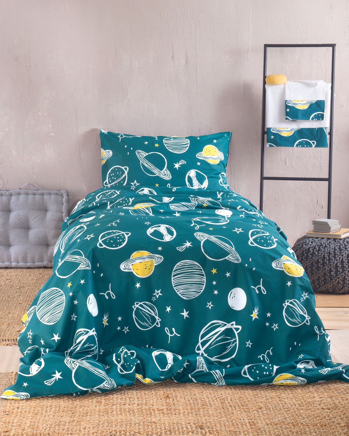 Σετ Παιδικά Σεντόνια Μονά 3 Τεμαχίων Rythmos Saturn Πετρολ 160x260