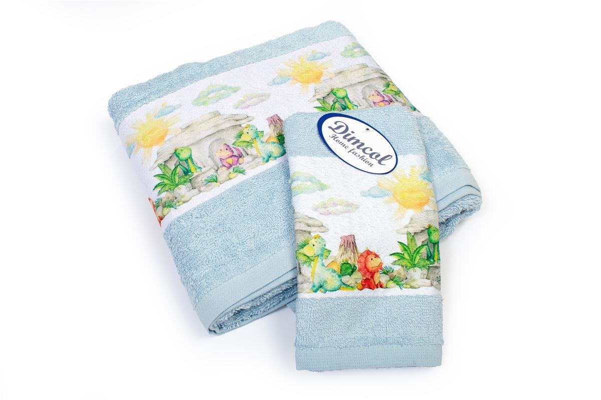 Σετ Βρεφικές Πετσέτες 2 Τεμαχίων Dimcol Dinosaurs 310 30x50-70x140 Sky Blue