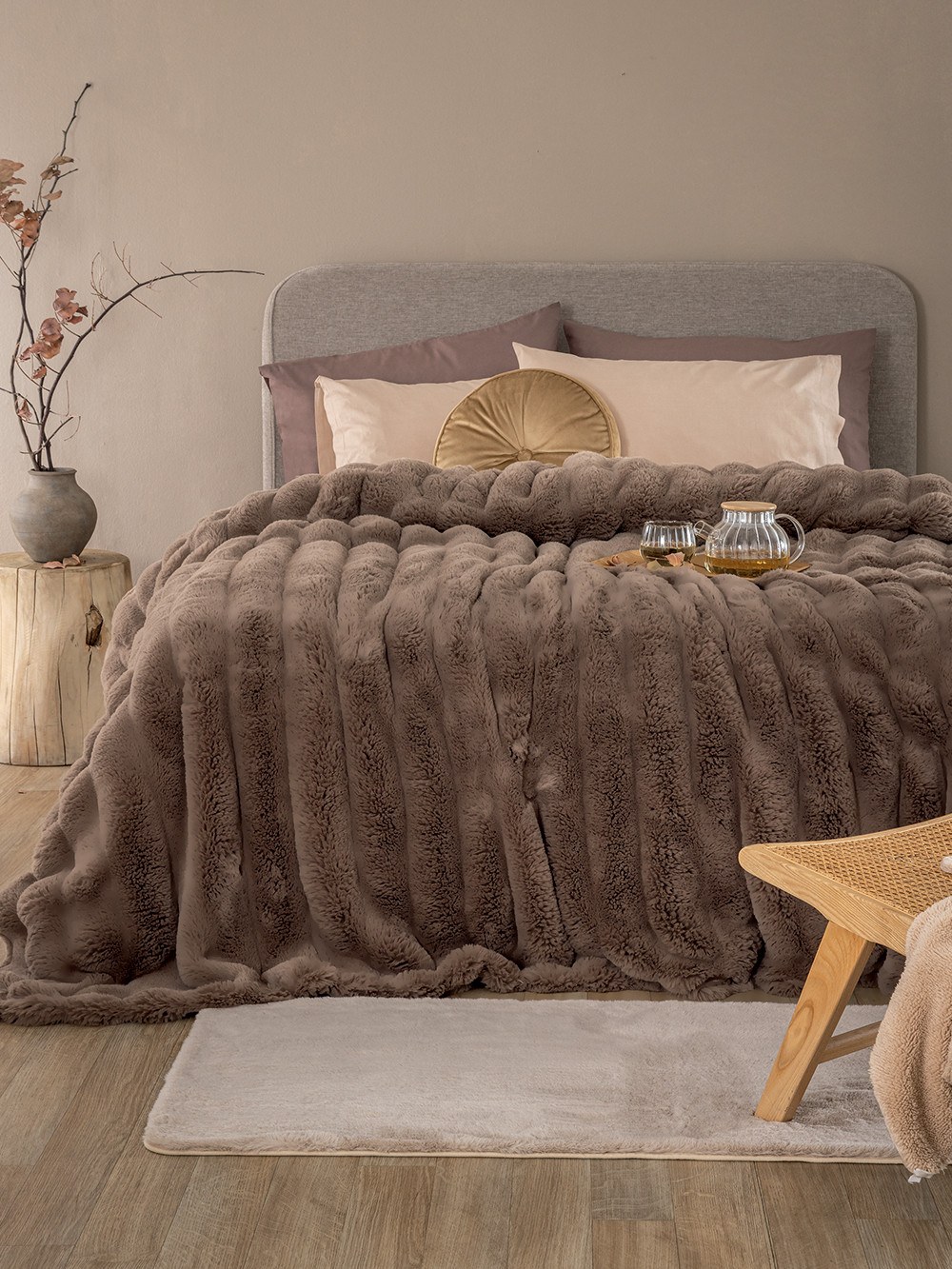 Κουβέρτα Υπέρδιπλη με Γούνα Palamaiki Heather Brown 220