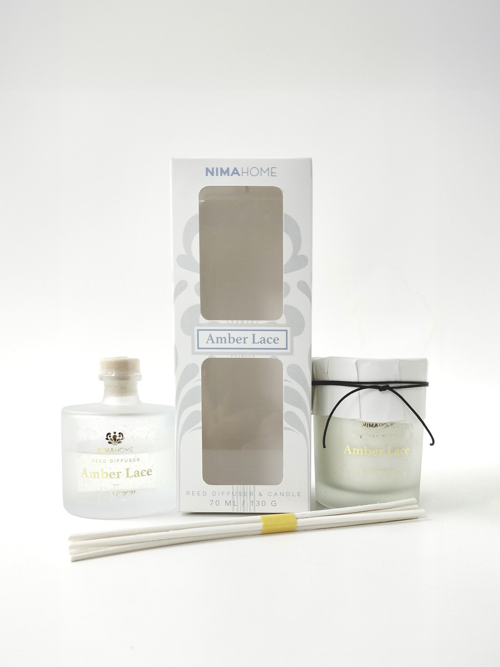 Σετ Αρωματικό Χώρου με Στικ 70ml & Αρωματικό Κερί 130gr - Nima Amber Lace