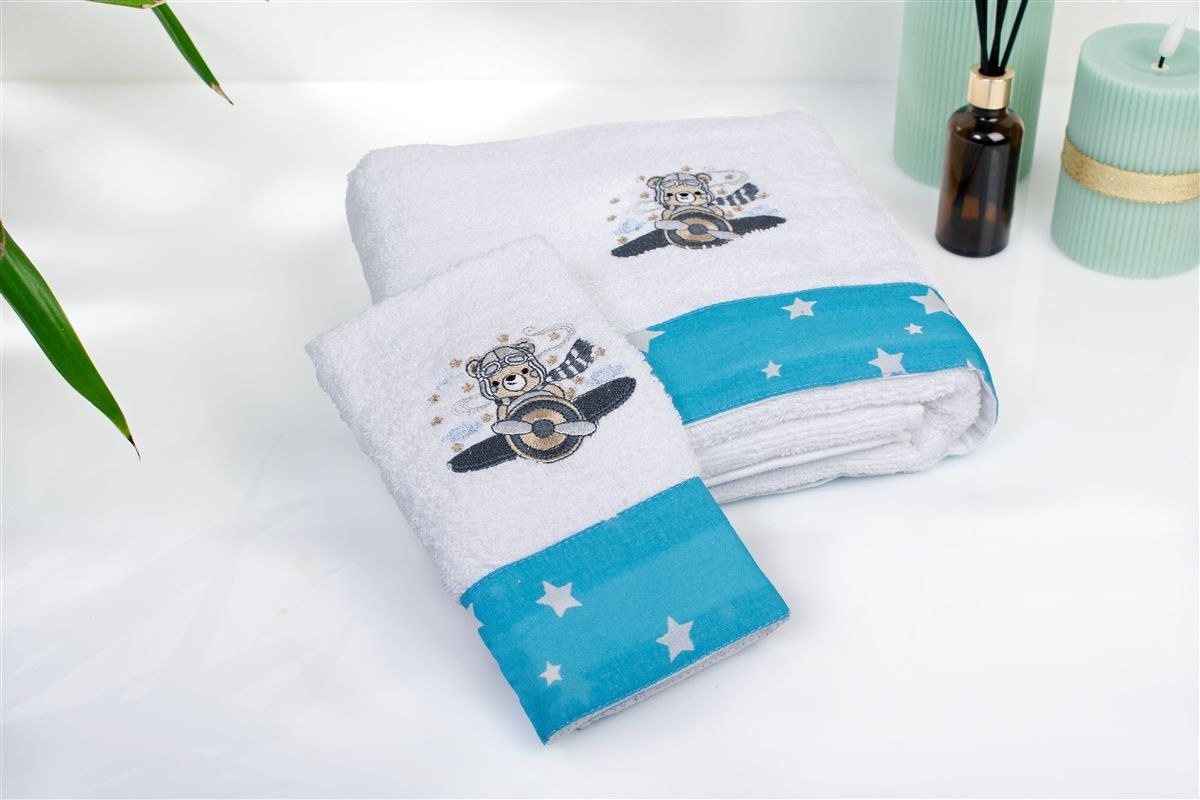 Σετ Βρεφικές Πετσέτες 2 Τεμαχίων Dimcol Aviator 184 30X50-70X140 White-Sky Blue