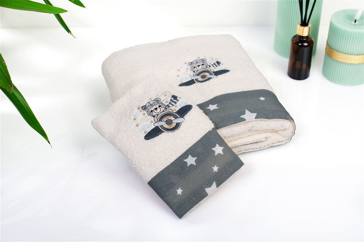 Σετ Βρεφικές Πετσέτες 2 Τεμαχίων Dimcol Aviator 185 30X50-70X140 Ecru-Grey