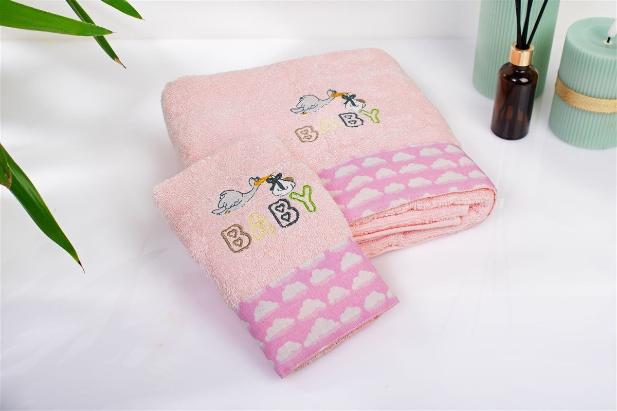 Σετ Βρεφικές Πετσέτες 2 Τεμαχίων Dimcol Stork 192 30X50-70X140 Pink