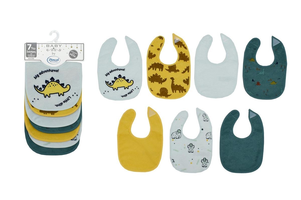 Σαλιάρα με Velcro Dimcol με Αδιάβροχη Επένδυση Σετ 7 Τεμ- Dinosaur 08 30X20 Aqua