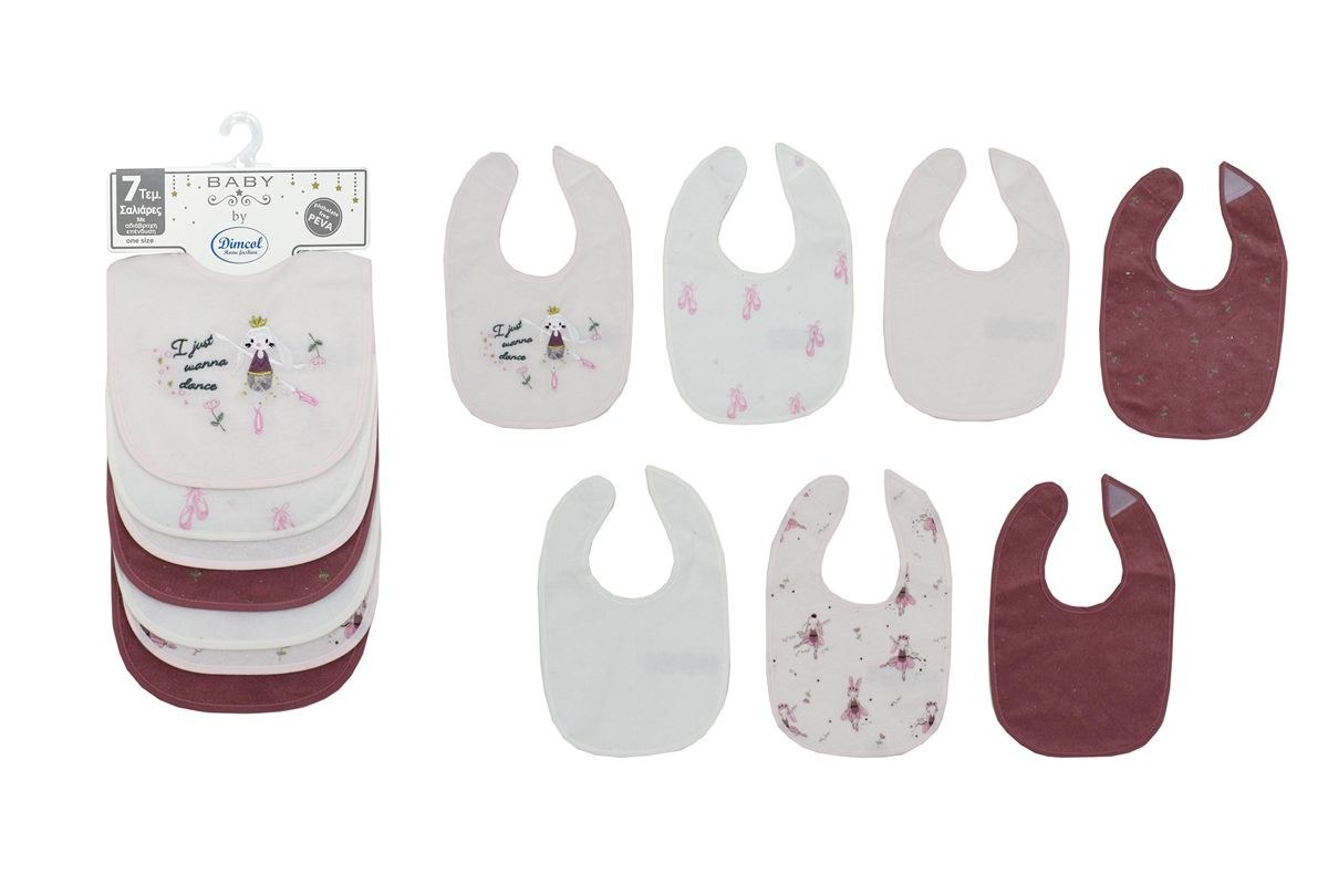 Σαλιάρα με Velcro Dimcol με Αδιάβροχη Επένδυση Σετ 7 Τεμ- Ballerina 07 30X20 White-Pink