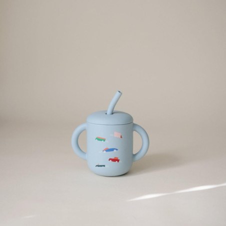 Ποτηράκι Σιλικόνης με Χερούλια και Καλαμάκι Retro Cars - Mushie