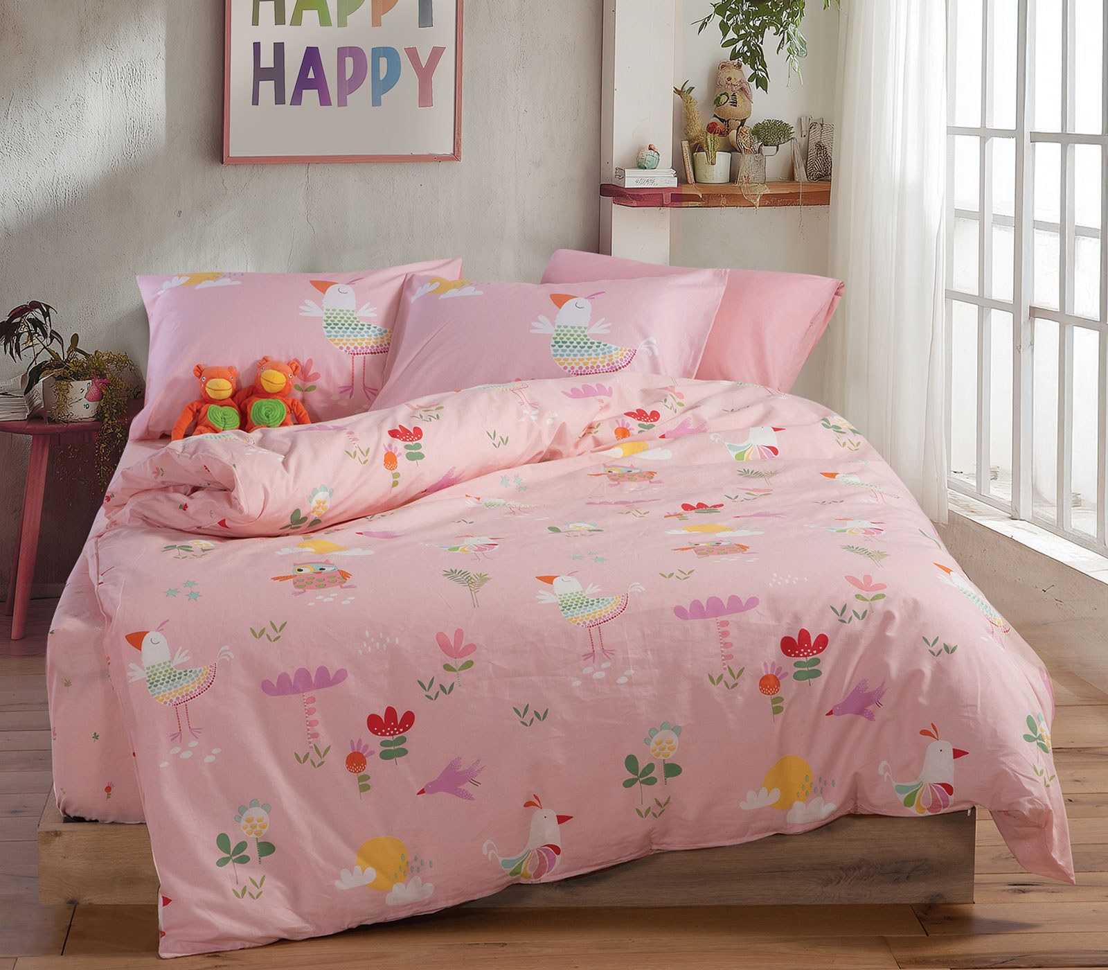 Σετ Παιδικά Σεντόνια Μονά 3 Τεμαχίων Nef-Nef Birds Mania Pink 170x260