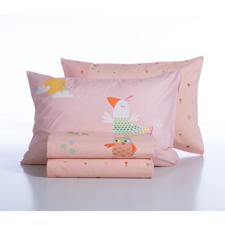 Σετ Παιδικά Σεντόνια Μονά 3 Τεμαχίων Nef-Nef Birds Mania Pink 170x260