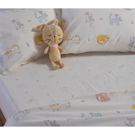 Σετ Παιδικά Σεντόνια Μονά 3 Τεμαχίων Nef-Nef Cat Life Ecru 170x260