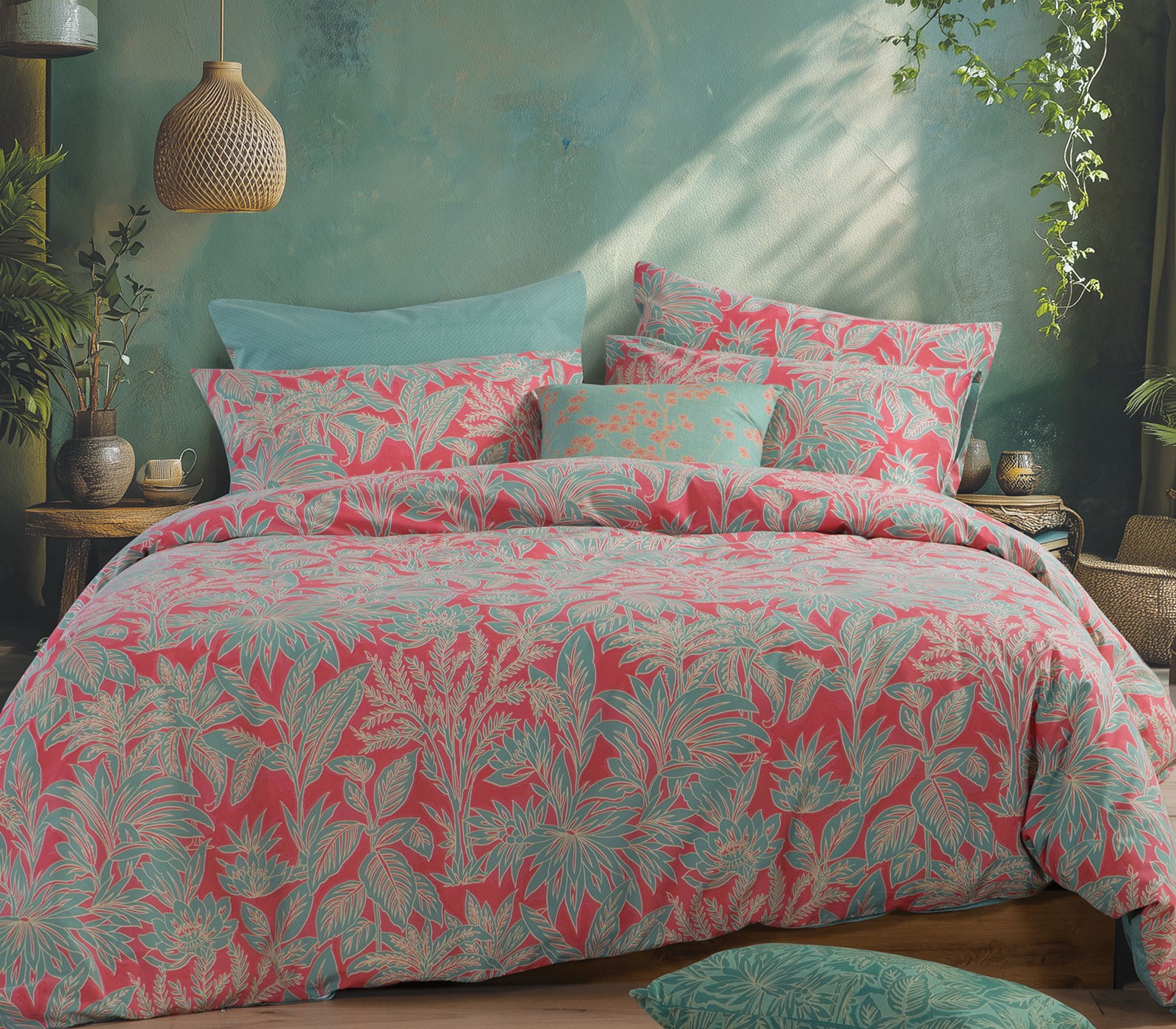 Σετ Σεντόνια King Size με Λάστιχο 4 Τεμαχίων Nef-Nef Charisma Green/Coral 180x200+35