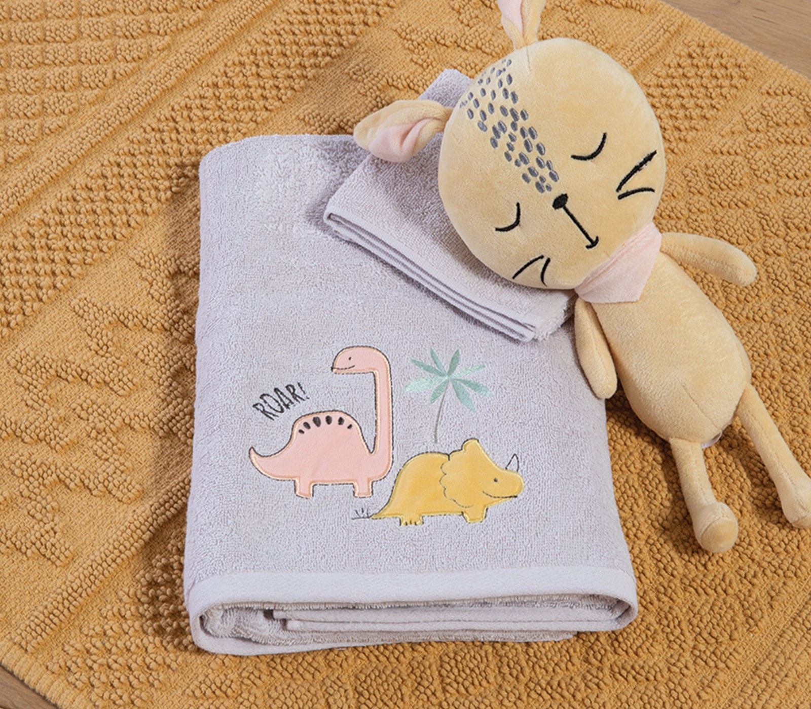 Σετ Παιδικές Πετσέτες 2 Τεμαχίων Nef-Nef Dinosaur Art Wind Grey 30x50+70x140
