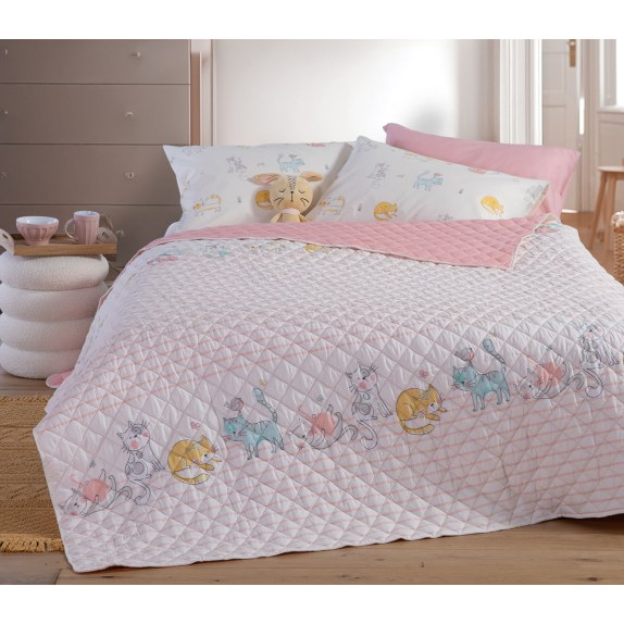 Παιδικό Κουβερλί Μονό Nef-Nef Cat Life Ecru/Pink 180x240