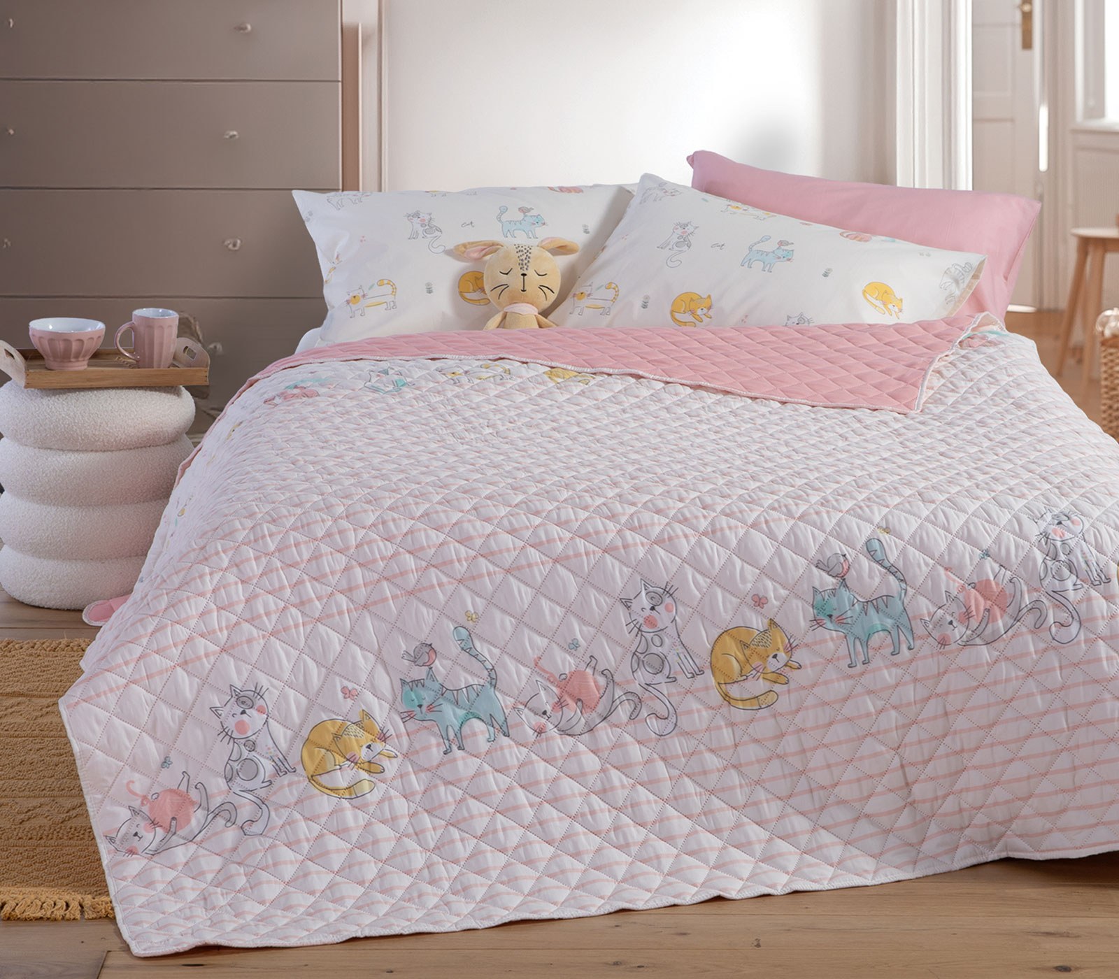 Παιδικό Κουβερλί Μονό Nef-Nef Cat Life Ecru/Pink 180x240