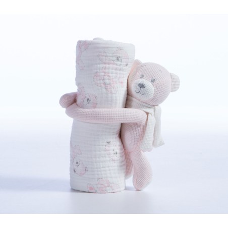 Σετ Κουβέρτα Πικέ Αγκαλιάς με Αρκουδάκι Nef-Nef Teddy Pink 75x100