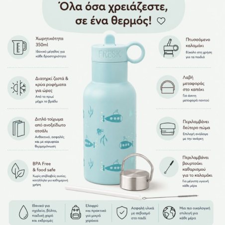 Θερμός Aπό Aνοξείδωτο Aτσάλι Και Eνσωματωμένο Καλαμάκι Fresk Submarine 350ml FR-FD300-72