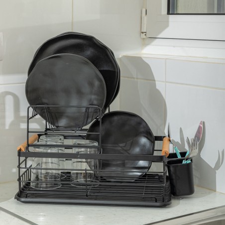 Estia Πιατοθήκη Bamboo Essentials Διώροφη Μεταλλική Μαύρη Με Bamboo Λαβές
