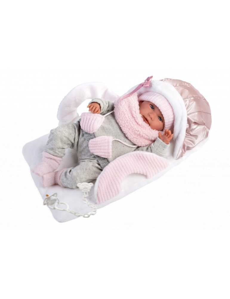 Κούκλα Newborn 42 cm με Ροζ και Λευκά Ρούχα, Καλαθούνα και Λειτουργία Κλάματος Llorens Dolls LIO-74004