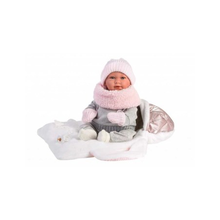 Κούκλα Newborn 42 cm με Ροζ και Λευκά Ρούχα, Καλαθούνα και Λειτουργία Κλάματος Llorens Dolls LIO-74004