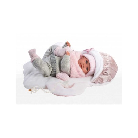 Κούκλα Newborn 42 cm με Ροζ και Λευκά Ρούχα, Καλαθούνα και Λειτουργία Κλάματος Llorens Dolls LIO-74004